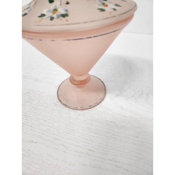 VTG Tiffin Glass Pink Satin Candy Dish Lidded Floral Hand Painted Rooted Classic - Picture 8 of 11